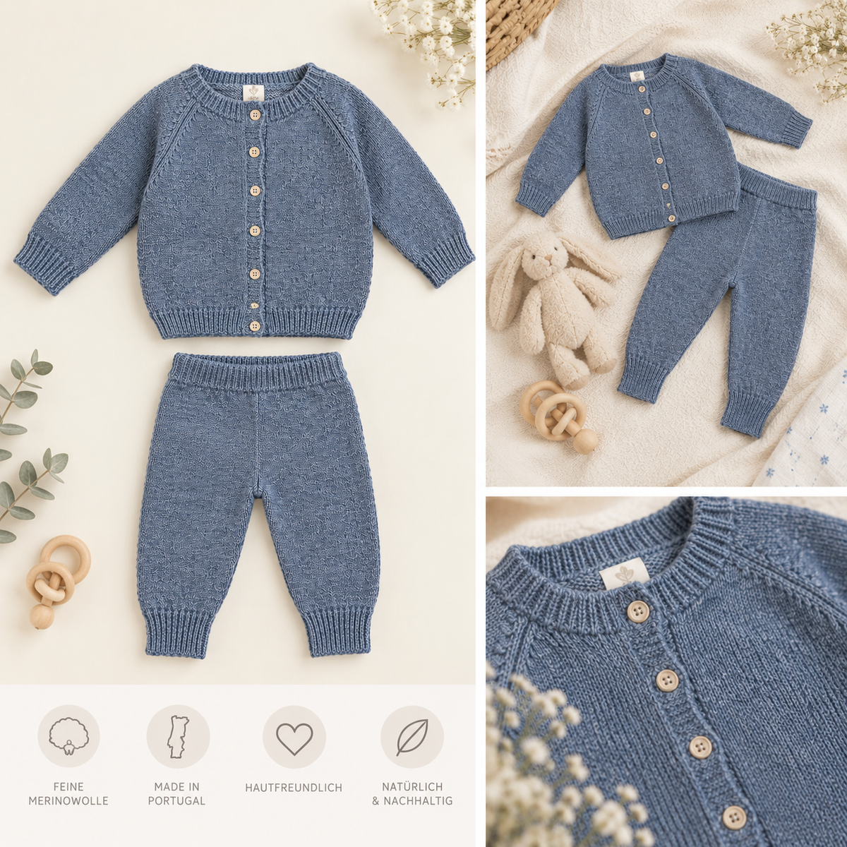 Babystrickset aus feiner Merinowolle – Blau-Grau, Made in Portugal